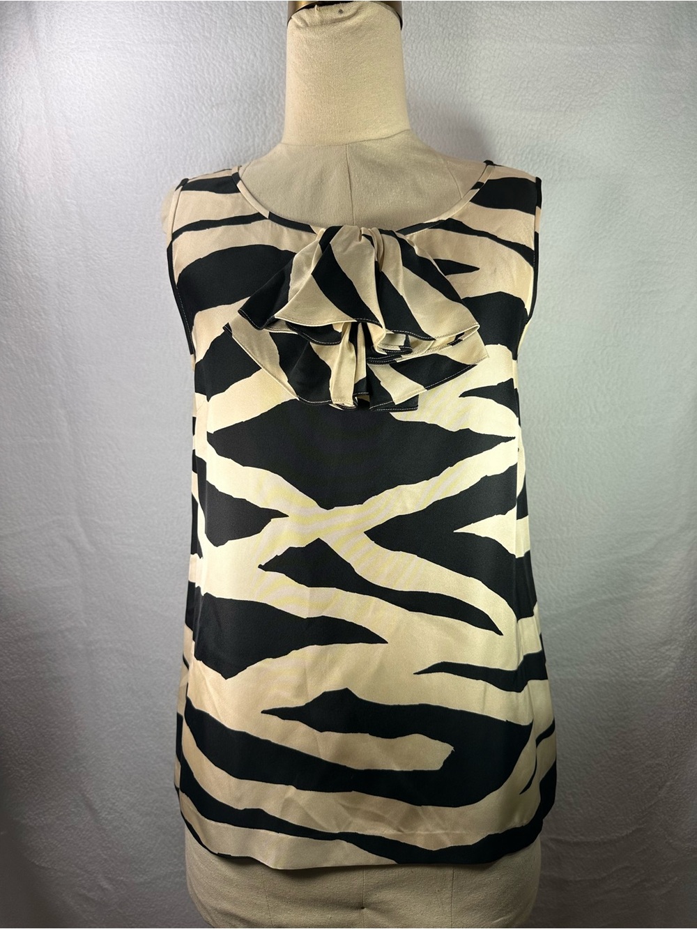 Kate Spade Sleeveless Black & Cream Zebra Print Ruffle Neck Top Silk size M